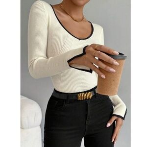 Beige Rib Knit Light Sweater Top Contrast Trim Fitted Slim Long Sleeve